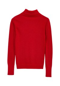 Maglione rosso a dolcevita realizzato in tessuto testurizzato, con maniche lunghe e una silhouette aderente. Design semplice senza ulteriori motivi o dettagli.