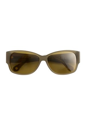 Brown rectangular sunglasses with thick frames and tinted lenses, displayed against a white background.