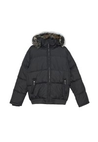Chaqueta de plumas negra con capucha de pelaje sintético desmontable, bolsillos laterales con cremallera, puños acanalados y paneles cosidos horizontalmente.