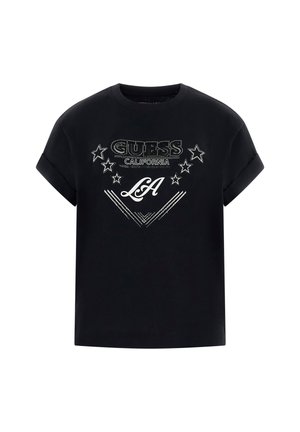 T-shirt di cotone nero con maniche arrotolate, caratterizzata da una stampa grafica bianca con la scritta "GUESS CALIFORNIA" e stelle, al centro con "LA" in un font stilizzato.