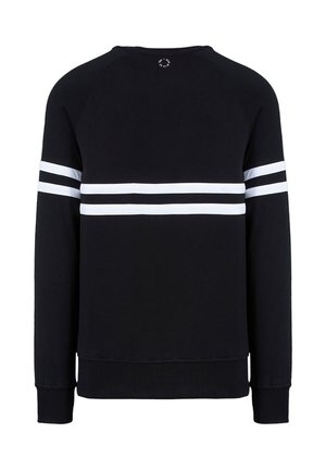 Sweatshirt noir à manches longues, avec des poignets et un ourlet côtelés. Présente deux bandes blanches horizontales sur le torse et une encolure arrondie.