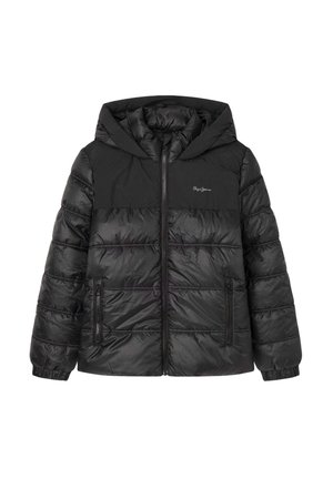 Veste matelassée noire à capuche avec zip frontal et poches zippées, manches longues et logo Pepe Jeans sur la poitrine.