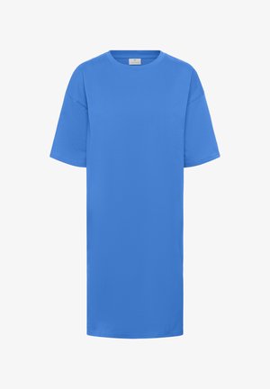 Blå bomulls-t-shirtklänning med korta ärmar, rundad halsringning och rak skärning. Slät textur, enkel design och inga synliga mönster eller detaljer.