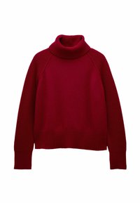 Punane kudumiga kõrge kaelusega särk, millel on pikad varrukad ning soonikääred, -äär ja -krae valgel taustal.