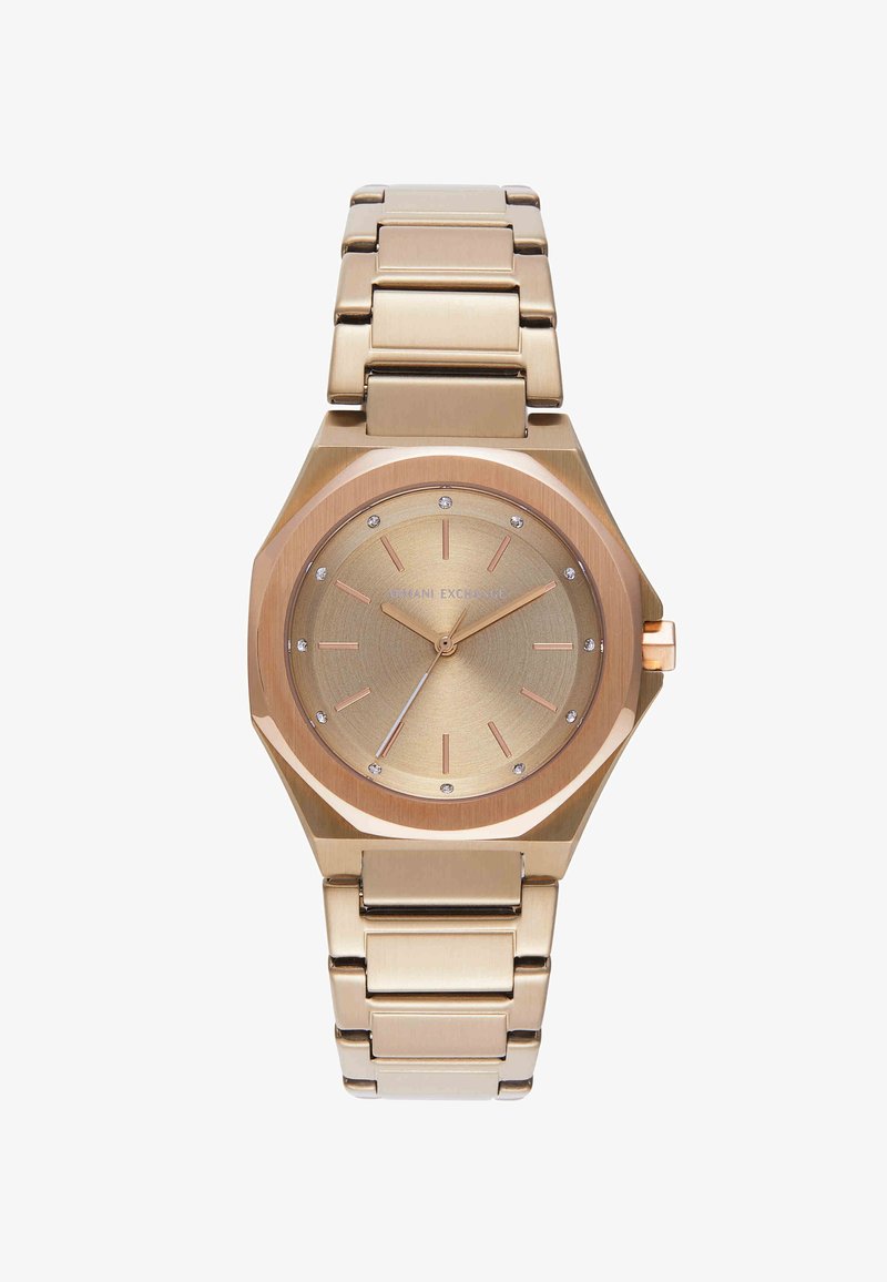 Roségoldene Metallarmbanduhr mit rundem Zifferblatt, minimalistischen Stundenmarkierungen, kleinen Kristallen und einem Gliederarmband.