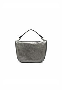 Borsa a spalla grigio metallico con una texture liscia, forma arrotondata, manico superiore e chiusura con zip. Design minimalista senza hardware visibile.