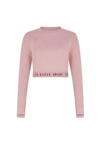 Világos rózsaszín, cropped, hosszú ujjú sportfelső, raglán ujjakra. Jellemzője egy dekoratív sáv, amelyen a "TED BAKER SPORT" szöveg található az alján.