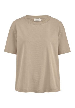 Effen beige katoenen T-shirt met korte mouwen, ronde hals en zichtbare stiksels, met het label "hessnatur" in maat small.