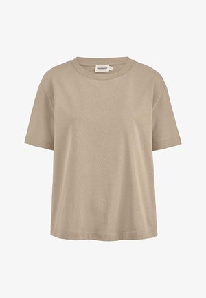 Effen beige katoenen T-shirt met korte mouwen, ronde hals en zichtbare stiksels, met het label "hessnatur" in maat small.