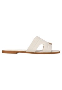 White leather slide sandals with two wide straps, an open toe design, and a flat beige sole. Features minimal stitching for detail.
