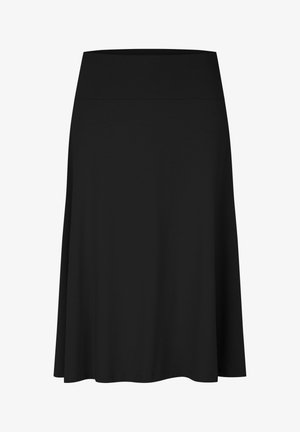 Zwarte knielange rok, gemaakt van een gladde stof, met een aansluitende tailleband en een vloeiende, uitlopende vorm zonder zichtbare patronen of accenten.