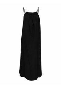 Robe maxi noire avec fines bretelles réglables, décolleté froncé et tissu texturé. Silhouette fluide avec une coupe décontractée.