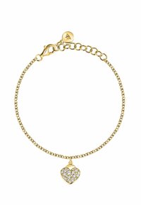 Bracciale in catena d'oro con un charm a forma di cuore decorato con cristalli trasparenti, fissato con un gancio a molla e una catena regolabile.