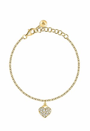 Bracciale in catena d'oro con un charm a forma di cuore decorato con cristalli trasparenti, fissato con un gancio a molla e una catena regolabile.