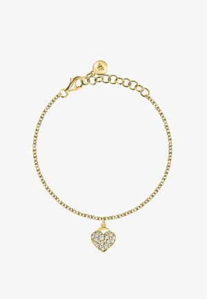Bracciale in catena d'oro con un charm a forma di cuore decorato con cristalli trasparenti, fissato con un gancio a molla e una catena regolabile.