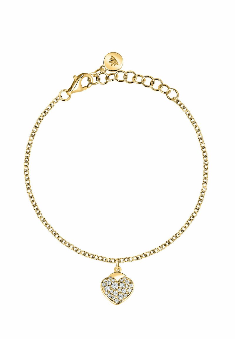 Bracciale in catena d'oro con un charm a forma di cuore decorato con cristalli trasparenti, fissato con un gancio a molla e una catena regolabile.