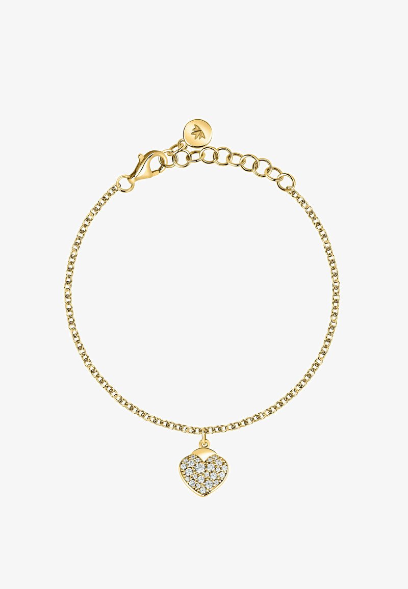 Bracciale in catena d'oro con un charm a forma di cuore decorato con cristalli trasparenti, fissato con un gancio a molla e una catena regolabile.