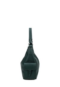 Borsa a spalla in pelle verde con una finitura testurizzata, una maniglia singola e una tasca frontale chiusa da un flap e da una chiusura a pulsante.