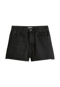 Zwarte denim shorts met een rechte snit, vijf zakken en een knoopsluiting. Heeft een subtiele vervaagde textuur met nette zoomranden.