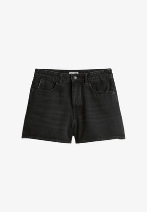 Schwarze Jeansshorts mit geradem Schnitt, fünf Taschen und einem Knopfverschluss. Sie verfügen über eine dezente, verblasste Textur und saubere Säume.