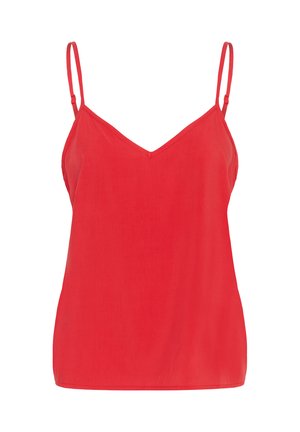 Camisole en satin rouge avec des bretelles fines et réglables, présentant un décolleté en V et une texture lisse. Design simple et ajusté sans motifs visibles.