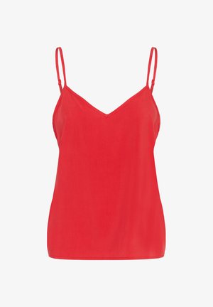 Rdeča satinasta majica brez rokavov z ozkimi nastavljivimi naramnicami, z V-izrezom in gladko teksturo. Preprosta in oprijeta zasnova brez vidnih vzorcev.
