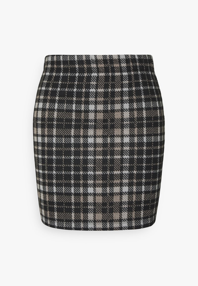 Mini-jupe ajustée à motif écossais noir, gris et beige avec une ceinture droite sur un fond blanc.