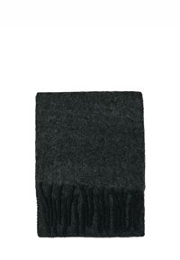 Sciarpa di lana grigia scura con bordo frangiato e texture. Il materiale sembra morbido e spesso, adatto per calore e comfort.