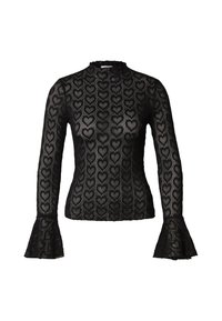 Maglietta nera a maniche lunghe con motivo a cuore trasparente, collo alto e polsini svasati, che evidenzia un design strutturato e stratificato.