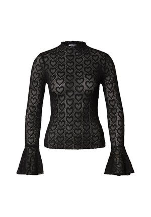 Maglietta nera a maniche lunghe con motivo a cuore trasparente, collo alto e polsini svasati, che evidenzia un design strutturato e stratificato.