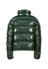 Grön puffjacka med en blank yta, med hög krage och horisontella quiltade sektioner. Elastiska ärmmuddar ger en tät passform.