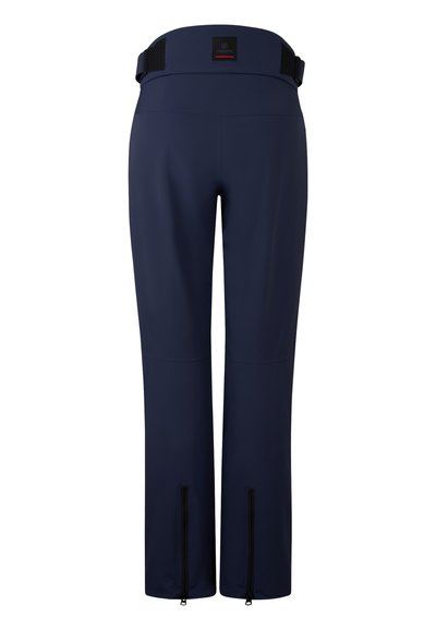 Navy blue athletic pants with a smooth texture, featuring a wide waistband, and zippers at the ankles for adjustable fit.