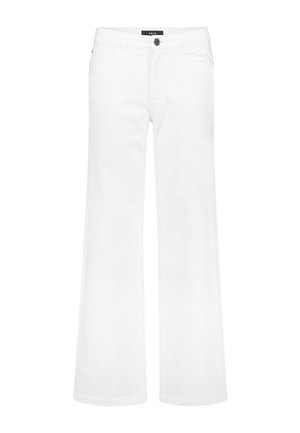 Witte broek met wijde pijpen, voorzijde met knopen en riemlussen, voorzien van twee steekzakken aan de voorkant en een label op de tailleband.