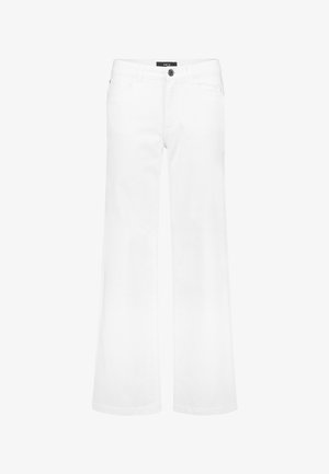 Witte broek met wijde pijpen, voorzijde met knopen en riemlussen, voorzien van twee steekzakken aan de voorkant en een label op de tailleband.