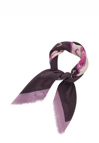 Écharpe tissée avec une base violet foncé ornée de motifs floraux roses, finie par des bords rose clair et des détails à franges.