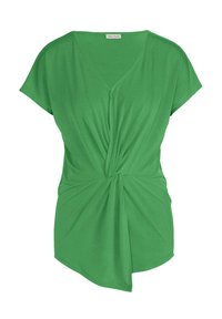 Grünes V-Ausschnitt-Shirt aus weichem Stoff, mit kurzen Ärmeln, einem verdrehten Frontdetail und einem asymmetrischen Saum.