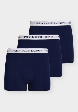 Kolm tumesinist meeste bokserit valgete vöökirjadega, millel on "Polo Ralph Lauren" logo tumesinise tekstiga.