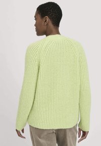 Helles grün geripptes Strickpullover mit Rundhalsausschnitt und Raglanärmeln, der eine weiche Textur und eine lockere Passform bietet.