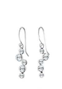 Boucles d'oreilles pendantes en argent présentant une série de cristaux ronds transparents de tailles variées, disposés dans un design en cascade avec une finition lisse.