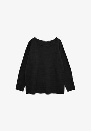 Black, loose-fitting sweater with a wide neckline and long sleeves. Features button details on the cuffs and a textured fabric.