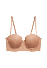 Reggiseno color beige chiaro con ferretti, coppe lisce e imbottite, e spalline regolabili, caratterizzato da un design senza cuciture e una morbida texture simile alla seta.