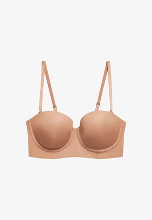 Licht beige onderwired beha met gladde, gepadde cups en verstelbare banden, voorzien van een naadloos ontwerp en een zachte satijnachtige textuur.