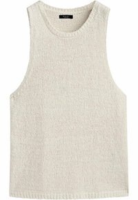 Haut tricoté sans manches beige clair avec encolure ronde, présentant un tissu texturé et un ourlet à bord brut. Design minimaliste et simple.