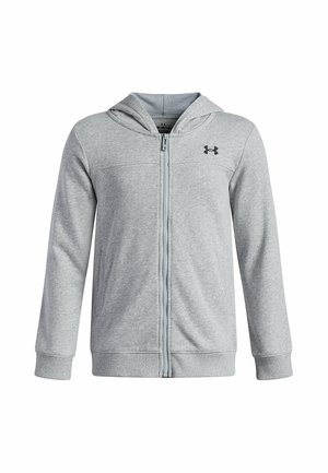 Lichtgrijze hoodie met ritssluiting, capuchon en geribde boorden, met een klein zwart Under Armour-logo op de linkerborst.