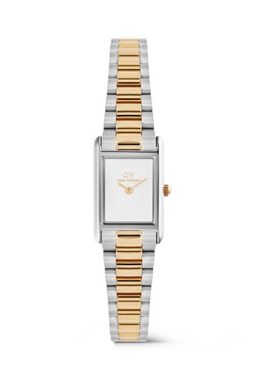 Ruutjat hõbedast käekella kuldsete ja hõbedaste linkidega käevõruga, minimalistliku valge sihverplaadi, kuldsete osutite ja Daniel Wellingtoni logoga.