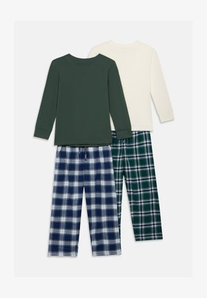 Ensemble de pyjama trois pièces : hauts à manches longues vert foncé et crème. Pantalons en motifs à carreaux bleu marine et blanc, vert et bleu marine, en coton doux.