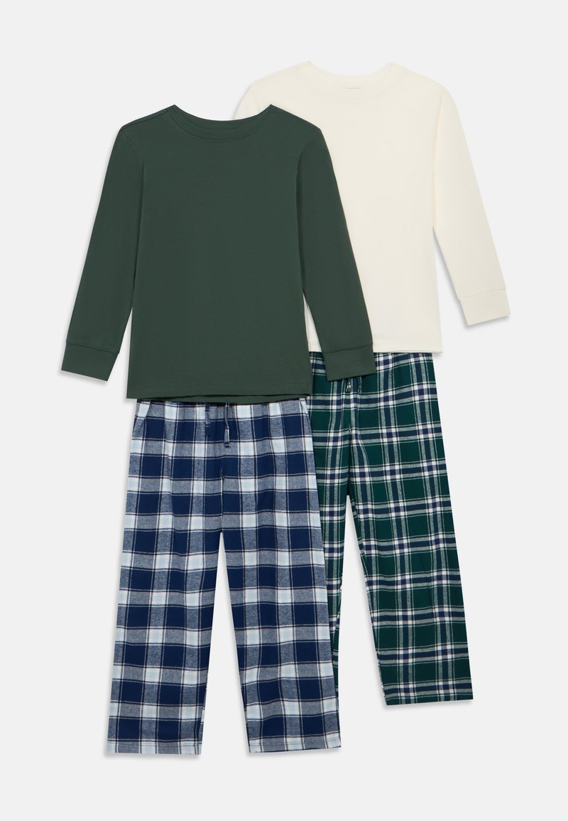 Háromrészes pizsamaszett: sötétzöld és krémszínű hosszú ujjú ingek. Nadrágok tengerészkék és fehér, valamint zöld és tengerészkék kockás mintában, puha pamut anyagból.