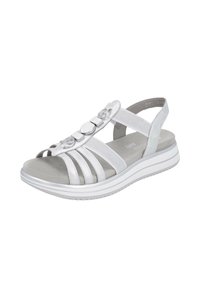 Sandal in argento con più cinturini, dettagli rotondi, soletta imbottita e suola in gomma bianca. Parte superiore testurizzata e cinturino regolabile per una vestibilità perfetta.