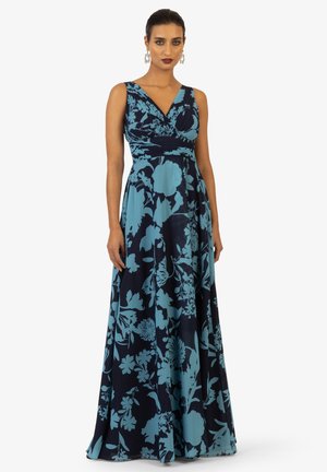 Blumenkleid im Maxistil in Marineblau und Petrol, mit V-Ausschnitt, figurbetontem Oberteil und schwingendem Rock. Hergestellt aus glattem, leichtem Stoff.