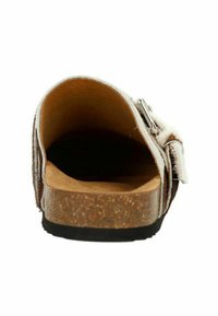 Brown cork sole sandal with a wide, soft textured footbed, a backless design, and an adjustable silver-tone buckle detail.
